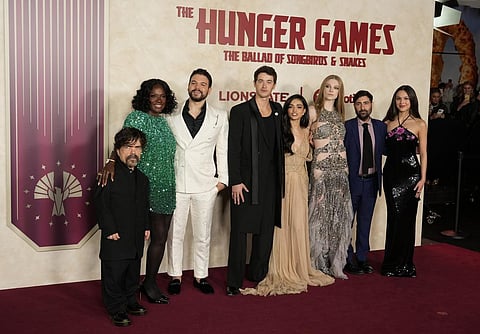 'The Hunger Games: The Ballad of Songbirds & Snakes' cast members pose together at the Los Angeles premiere of the film, Monday, Nov. 13, 2023, at the TCL Chinese Theatre (Photo | AP)