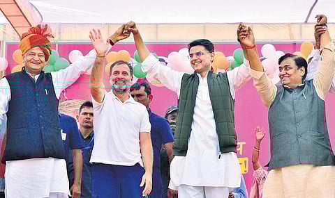 CM Gehlot and Sachin Pilot at Rahul Gandhi’s rally in Rajasthan on Thursday | express