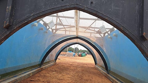 The under-construction tunnel aquarium at Baliyatra fair ground. (Photo | Express)