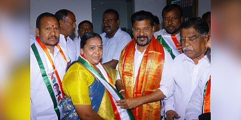 TPCC president A Revanth Reddy welcomes BRS corporators into the Congress fold