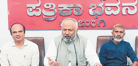 Kalaburagi Regional Centre of VTU Professor Basavaraj Gaduge addresses a press conference in Kalaburagi on Friday. (Photo | Express)