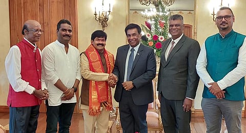 Pridvirajsing Roopun, President of Mauritius appreciated the remarkable efforts of Chigurumalla Sreenivas, a Telugu Poet from ASR district. (Photo | Express )