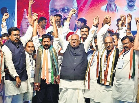 AICC president Mallikarjun Kharge, TPCC president A Revanth Reddy and other Congress leaders at a public meeting on Friday