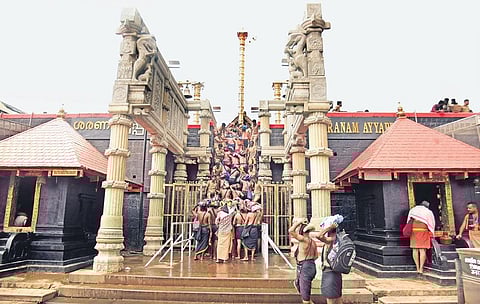 The new stone pillars erected to hold the hydraulic roof in front of the 18 Holy Steps at Sabarimala temple. (Photo | Shaji Vettipuram)