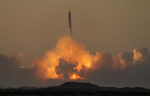 SpaceX's mega rocket Starship launches for a test flight from Starbase in Boca Chica, Texas, on Saturday (Photo | AP)