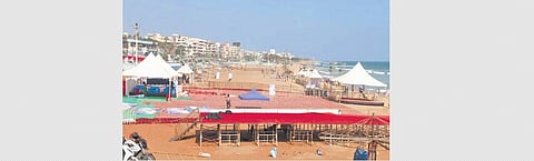 Big screens being set up at RK Beach in Vizag on Saturday I express