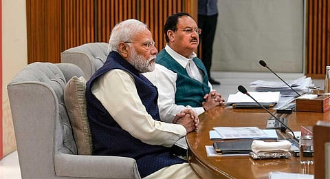 Prime Minister Narendra Modi and BJP President J P Nadda at the party's CEC meeting for upcoming Assembly elections in several states, at BJP headquarters, in New Delhi on Nov. 1, 2023. (PTI)