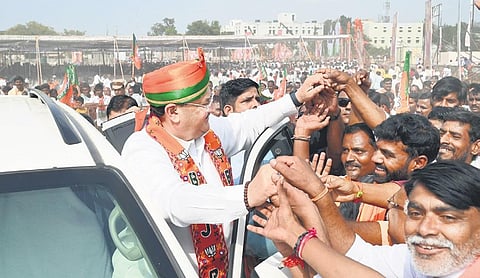 BJP president JP Nadda greets party supporters in Narayanpet on Sunday