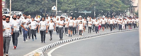 People taking part in the Half Marathon held in Vijayawada on Sunday. (Photo I Express)