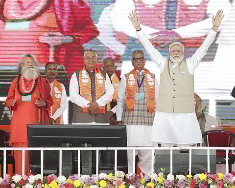 Prime Minister Narendra Modi during a public meeting ahead of Rajasthan Assembly elections, in Pali on Monday, November 20, 2023. (Photo | PTI)