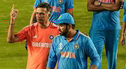 India's head coach Rahul Dravid, skipper Rohit Sharma after the ICC Cricket World Cup match between India and Australia. (Photo | PTI)