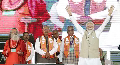 Prime Minister Narendra Modi during a public meeting ahead of Rajasthan Assembly elections, in Pali, Monday, Nov. 20, 2023. (PTI)