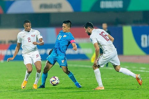 India's Sunil Chhetri in action against Qatar. (Photo | Indian Football Team Twitter)