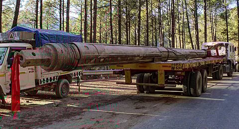 A high-performance drilling machine being brought for rescue operation after a portion of an under-construction tunnel collapsed in Uttarkashi district, Monday, Nov. 20, 2023. (PTI)