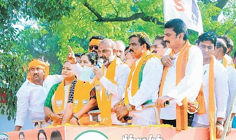 Bandi Sanjay speaks at a rally to campaign for Payal Shankar in Adilabad on Monday