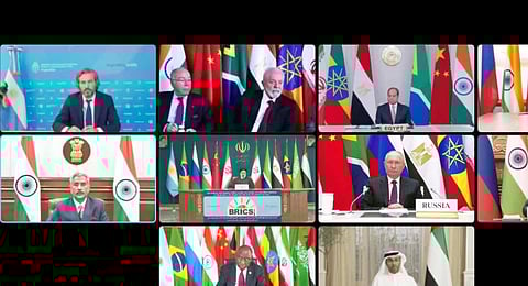 External Affairs Minister S. Jaishankar, representing India, digitally attends the extraordinary joint meeting of BRICS, in New Delhi, Tuesday, Nov. 21, 2023. (PTI )