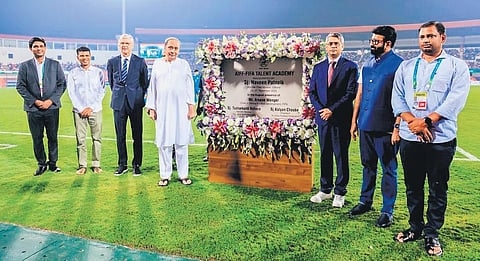 CM Naveen Patnaik, chief of global football development at FIFA Arsene Wenger, 5T chairman VK Pandian and others during the inaugural ceremony. (Photo | Express)