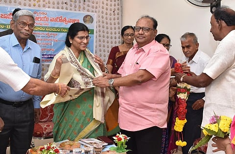 Nandamuri Lakshmi Parvathi, Chairperson of Telugu Academy at the Hanumantha Raya Library on Monday as part of the National Library Week celebrations. (Express)
