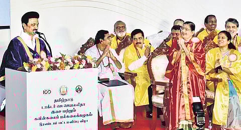Chief Minister MK Stalin sings a song originally recorded by playback singer P Susheela, after honouring her with doctorate in Chennai. (Photo | P Jawahar)