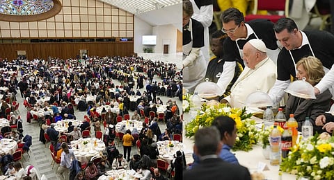 Pope Francis sits at a table, center, during a lunch, in the Paul VI Hall at the Vatican, Sunday, Nov. 19, 2023.(Photo | PTI)
