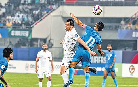 India and Qatar players in action during the FIFA 2026 World Cup Qualifiers at the Kalinga Stadium in Bhubaneswar on Tuesday| Debadatta Mallick