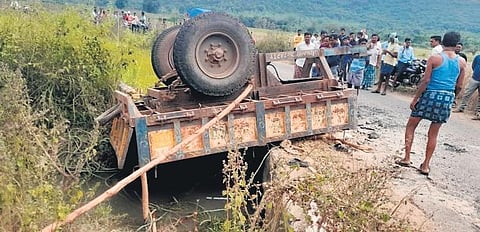The ill-fated tractor lying near Tala Gurandi along Odisha-AP border. (Photo | Express)