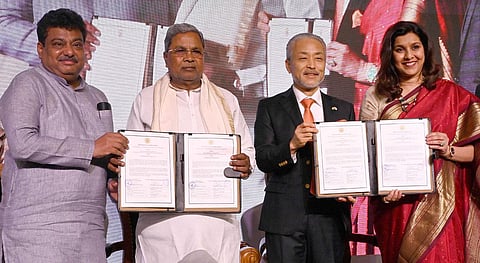 Karnataka chief minister Siddaramaiah, MSME minister M B Patil, and MD & CEO of TKM Masakazu Yoshimura along with the company management. (Photo | Special Arrangement)