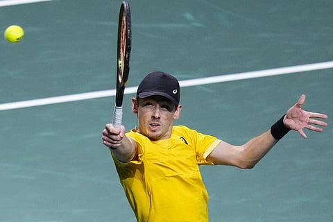 Australia's Alex De Minaur plays a shot against Jiri Lehecka of the Czech Republic during a Davis Cup quarter-final tennis match. (Photo | AP)