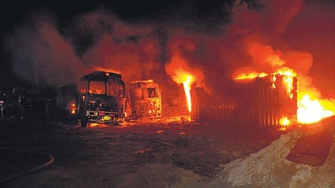 The diesel container and two trucks engulfed in flames in Udaya Vihar. (Photo | Express)