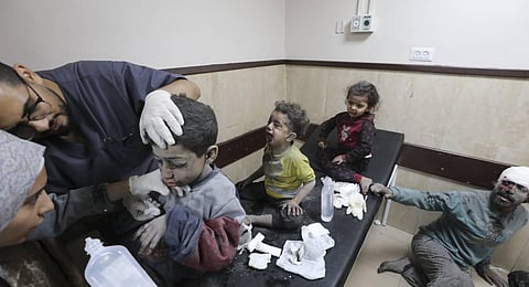 Palestinian children wounded in the Israeli bombardment of the Gaza Strip are treated at al Aqsa Hospital on Deir al Balah, Gaza Strip. (Photo | AP)