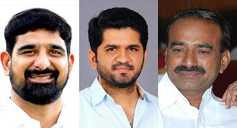 (L-R) BRS' Padi Koushik Reddy, Congress' V Pranav and BJP's Eatala Rajender are engaged in a three-way battle for the Huzurabad Assembly Constituency. (Photo | EPS)