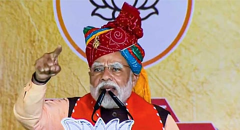 Prime Minister Narendra Modi speaks during a public meeting ahead of Rajasthan Assembly elections, in Kotri, Wednesday, Nov. 22, 2023. (PTI)