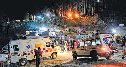 Ambulances on standby near the Silkayara tunnel in Uttarkashi district, where the rescue operation of 41 workers trapped inside the tunnel is underway | PTI