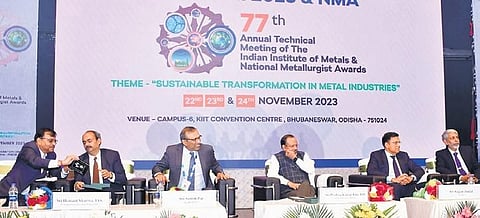 Guests at the plenary session of 77th annual technical meeting of Indian Institute of Metals in Bhubaneswar on Wednesday, Nov 22, 2023. (Photo| Express)