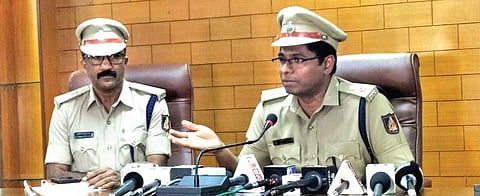 Udupi Superintendent of Police Dr Arun K addresses a press conference at his office on Thursday, as Additional SP Siddalingappa looks on | EXPRESS