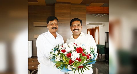 State BJP chief BY Vijayendra (right) greets Gokak MLA Ramesh Jarkiholi in Benglauru on Thursday | Express