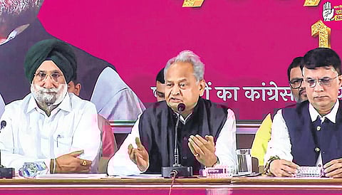 CM Ashok Gehlot addresses a press conference at PCC headquarters in Jaipur | pti