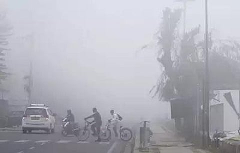 Cyclists cross a road amid dense fog, in Srinagar, Tuesday, Nov. 21, 2023. (Photo | PTI)