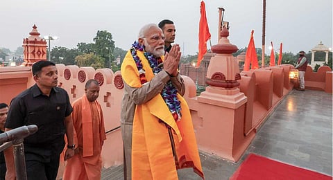 Prime Minister Narendra Modi visits Shri Krishna Janmasthan Temple, in Mathura, Thursday, Nov. 23, 2023. (PTI)