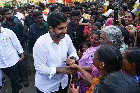 TDP general secretary Nara Lokesh during Yuvagalam walkathon at Nidamarru in Guntur district in August 2023. (Photo | Prasant Madugula., EPS)