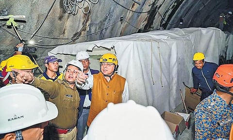 Uttarakhand Chief Minister Pushkar Singh Dhami reviews the operation to rescue the 41 workers trapped in the under-construction tunnel at Silkyara on Thursday | PTI