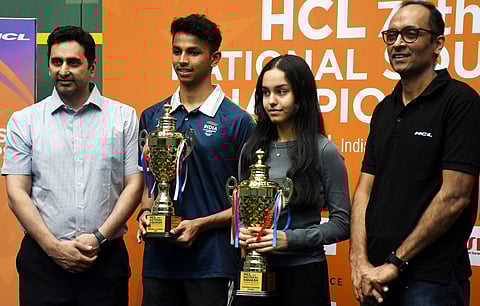 Anahat Singh (second from right) and Velavan Senthilkumar were crowned champions at the 79th National Squash Championship in Chennai. (Photo | D Sampathkumar)