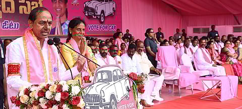 Telangana Chief Minister K Chandrasekhar Rao speaks at a campaign event at Maheshwaram. (Photo | EPS)