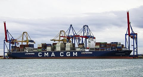 CMA CGM Symi is seen at port in Valencia, Spain, Oct. 22, 2023. A container ship owned by an Israeli billionaire came under attack by a suspected Iranian drone.(Photo via AP)