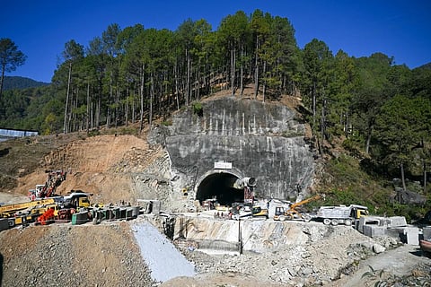 A view of the collapsed under-construction Silkyara tunnel in the Uttarkashi district of India's Uttarakhand state, on November 24, 2023. (Photo | AFP)