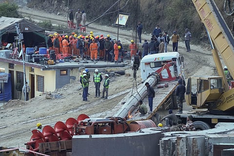 A vertical drilling machine being brought at the Silkyara Bend-Barkot Tunnel on Saturday, November 25, 2023. (Photo | PTI)