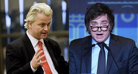 FILE - (L) Geert Wilders, leader of the far-right party PVV; (R) Presidential candidate of the Liberty Advances coalition Javier Milei speaks after his victory. (Photo | AP)