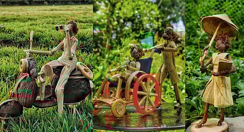 A few among the captivating decorative pieces and toys made out of palm leaves by Bavithran and his team | Express