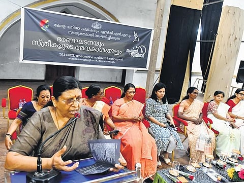 Kerala Women’s Commission chairperson P Sathi Devi addressing the audience at the seminar organised by the panel in Thiruvananthapuram on Sunday. (Photo | Express)