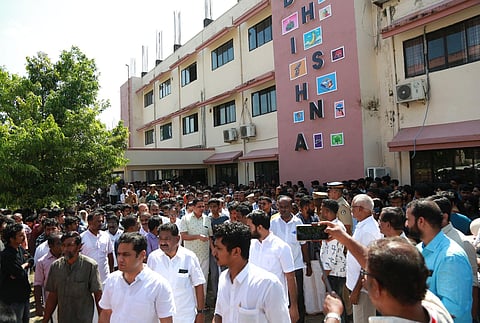 Crowd leaves the CUSAT Campus after public viewing of students who passed away in the Cusat stampade on Sunday. (Photo | TP Sooraj)